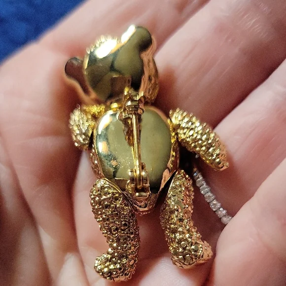 Vintage Jointed Gold Teddy Bear Figurine with Emerald Rhinestone Eyes - Picture 5 of 6